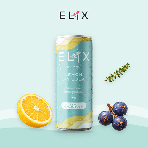 Elix Lemon Gin Soda can with lemon, juniper and thyme, 0% ABV non-alcoholic mocktail, zero sugar