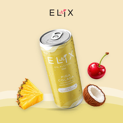 Elix Piña Colada can with pineapple, coconut and cherry, 0% ABV non-alcoholic mocktail, zero sugar
