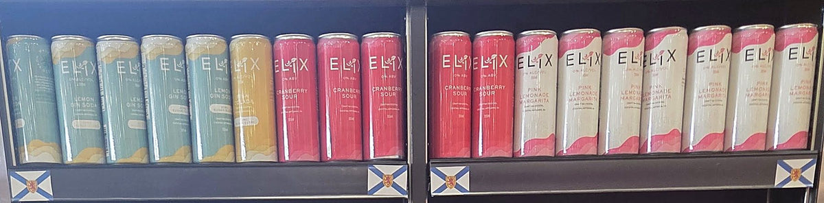 A full Elix shelf in an Atlantic Canada grocery store, with Lemon Gin Soda, Piña Colada, Cranberry Sour and Pink Lemonade Margarita